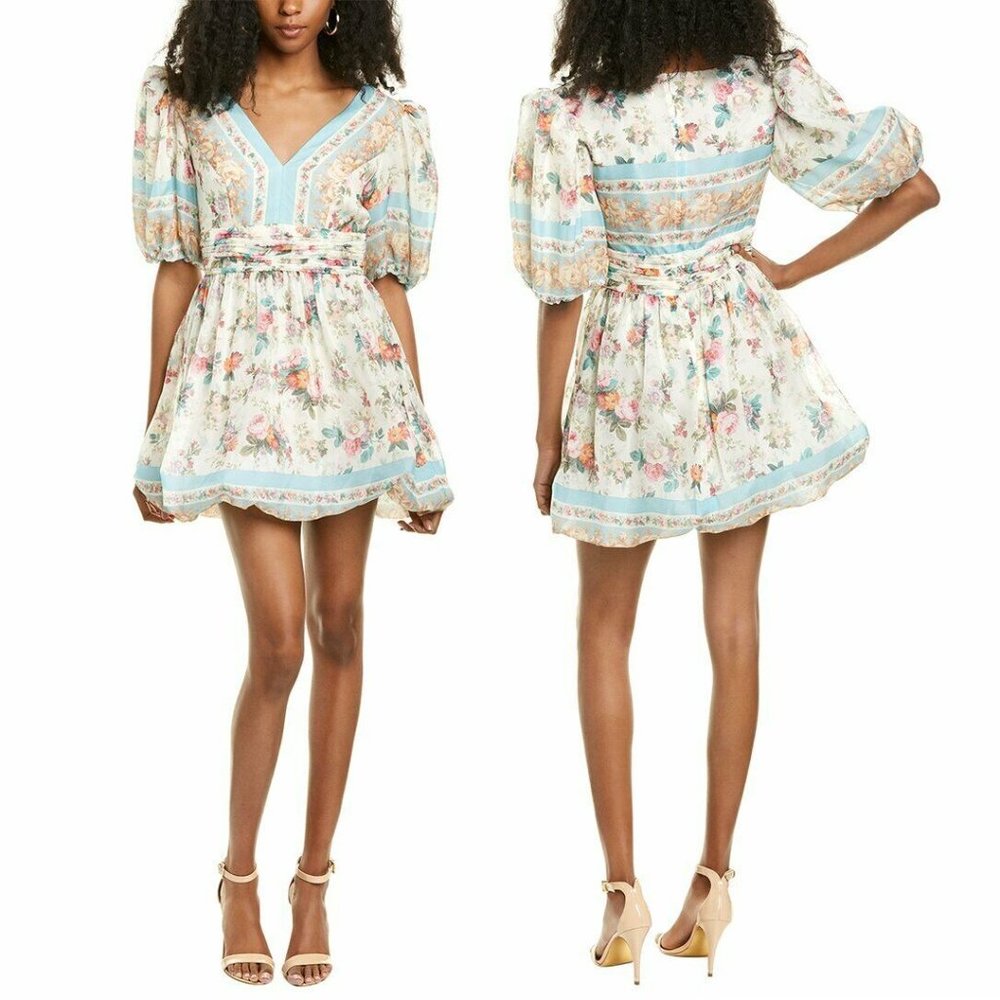 Amur ELISE Floral Balloon Puff Sleeve V-neck Ruched Bubble Silk Mini Dress